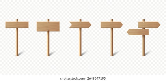 Vector Realistic Wooden Blank Sign Post Set. Realistic Road Signboard. Plywood Pointer, Timber, Directional Sign Design Template, Front View. Vector Illustration in 3D Style