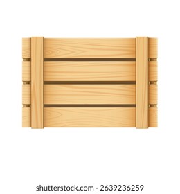 Vector realistic wooden box side view. Timber empty crate with holes isolated. 3d brown basket container for storage and transportation, delivery of food products, fruits, vegetables and freight