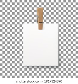Vector realistic wooden clothespin peg with hanged piece of paper sheet. Illustration with copy space isolated on on checkered background.