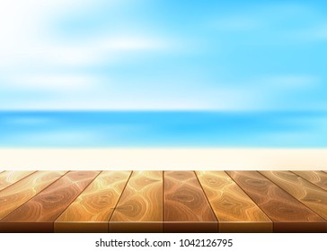 Vector realistic wooden floor deck timbers walkway beach coast coastline, seaside, seashore background sand, blue sea ocean summer sky. Holiday vacation, travel resort illustration, backdrop template