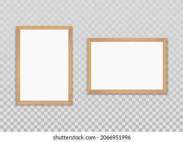 Vector realistic wooden Photo frames isolated on a transparent background. Horizontal and vertical Mockup for photos or pictures. Blank templates for design. Front view. EPS10. 