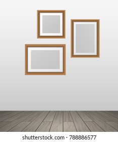 Vector realistic wooden photo frames hanging on wall in room woth parquet floor - template