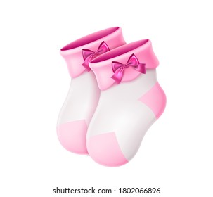 Vector realistic wool baby socks. Pink newborn girl socks for birthday party invitaion, greeting card. 3d warm handmade socks with pink silk bow. Cute infant baby socks.