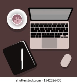 Vector realistic workplace organization. Top view with textured table, laptop, diary and coffee mug. Work desk for office with stationery elements on the table