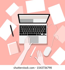 Vector realistic workplace organization. Top view with textured table, laptop, diary. Work desk for office with stationery elements on the table.