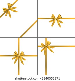 Vector realistic wrapping design set with golden ribbons and bows isolated on white background