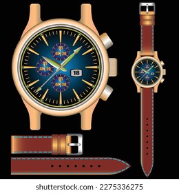 Vector realistic wrist watch clock chronograph silver green arrow orange number text leather strap
