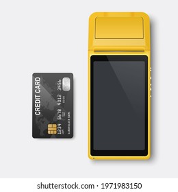 Vektor realistische gelbe 3D-Zahlungsmaschine. POS-Terminal, Kreditkartennahaufnahme isoliert. Genehmigte Zahlung. Design-Vorlage von Bank Payment Terminal, Mockup. NFC-Zahlungsgerät wird verarbeitet. Draufsicht