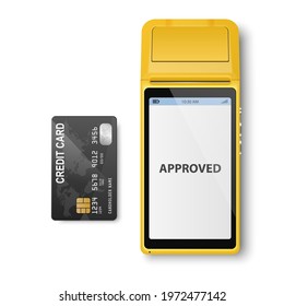 Vector Realistic Yellow 3d Payment Machine. POS Terminal, Credit Card Closeup Isolated. Approved Payment. Design Template of Bank Payment Terminal, Mockup. Processing NFC Payments Device. Top View