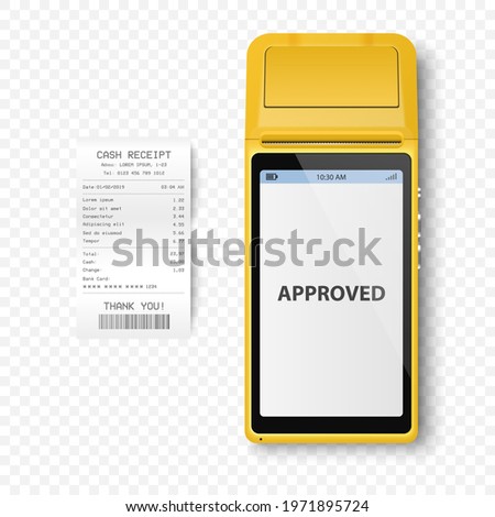 Vector Realistic Yellow 3d Payment Machine. POS Terminal, Paper Receipt Closeup Isolated. Approved Payment. Design Template of Bank Payment Terminal, Mockup. Processing NFC Payments Device. Top View