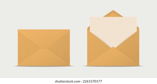 Vector Realistic Yellow Closed, Opened Envelopes with Letter Inside. Folded and Unfolded White Envelope Icon, Mockup Set Closeup Isolated. Message, Alert, Congratulations, Surprise, Secret Concept