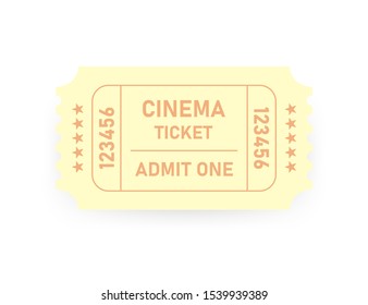 Vector realistic yellow designed cinema ticket close up top view isolated on white background. Vector illustration.