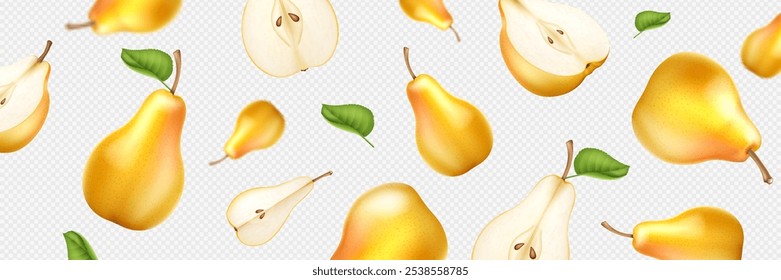 Vector realistic yellow juicy falling pear fruit isolated on transparent background. Flying whole and slice fruits with green leaves with blur effect.