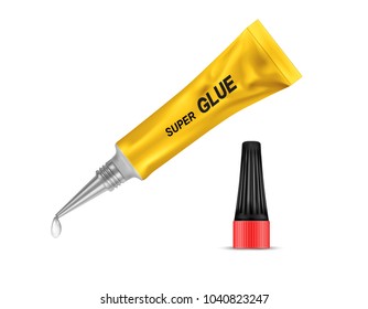Vector realistic yellow metal tube of super glue, with open black lid and with liquid drop at a tip, isolated on background. Container with adhesive for any purpose. Mockup for package design - Shutterstock ID 1040823247
