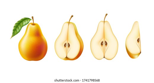 Vector realistische gelbe und orangefarbene Birne ganz und halb für Bio-Lebensmittel, trinken Produkt-Design. Frische süße Früchte voll von Vitaminen für gesunde Ernährung, Ernährung. Natürliches Produkt, fruchtig reife Nachspeise.