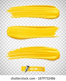 Vector realistic yellow paint brush strokes on transparent background