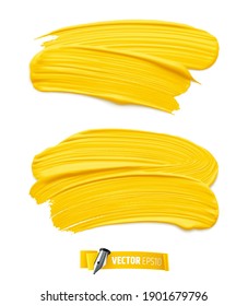 Vector realistic yellow paint brush strokes on white background