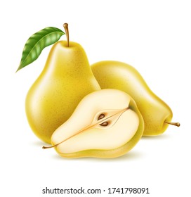 Vector realistic yellow pear whole and half for organic food, drink product design. Fresh sweet fruit full of vitamins for healthy eating, diet. Natural product, fruity ripe dessert.