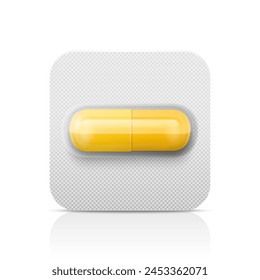 Vector Realistic Yellow Pharmaceutical Medical Pill, Vitamins, Capsule in Blister Closeup Isolated. Pill in Blister Packaging Design Template. Front View. Medicine, Health Concept