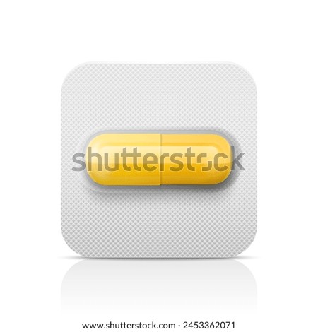 Vector Realistic Yellow Pharmaceutical Medical Pill, Vitamins, Capsule in Blister Closeup Isolated. Pill in Blister Packaging Design Template. Front View. Medicine, Health Concept