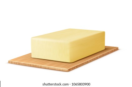 Vector realistic yellow stick of butter on the cutting board, margarine or spread, natural dairy product isolated on background. Fat, high-calorie food for cooking and eating. Mockup for your design