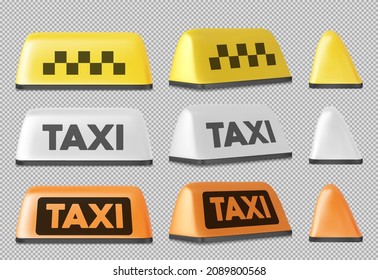 El Vector Realista del Taxi Amarillo Símbolo Icono de Cierre Aislado en Fondo Blanco. Plantilla de diseño para el servicio de taxi, Mockup. Vista frontal y lateral