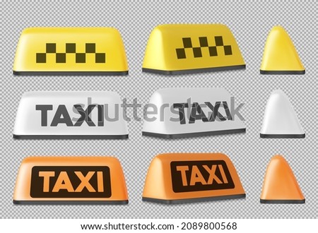 Vector Realistic Yellow  Taxi Sign Icon Set Closeup Isolated on White Background. Design template for Taxi Service, Mockup. Front and Side View