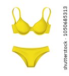 Vector realistic yellow woman panties, bra mockup. Classic female underwear. Women fashion clothing design template, front view. Isolated illustration on white background.