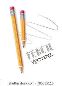 Vector realistic yellow wooden pencils, short and long, with rubber eraser. Sharpened detailed office, school instrument, creativity, idea, education and design symbol mockup. Isolated illustration