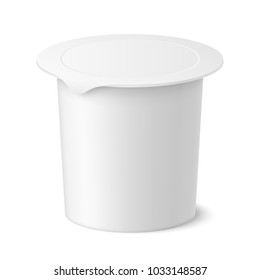 Vector realistic yogurt, ice cream or sour creme package on white backgrounnd. 3D illustration. Mockup of plastic container with lid isolated. Template for your design. Side view.