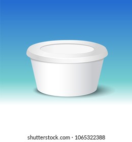 Vector realistic yogurt, ice cream or sour creme package on white backgrounnd. 3D illustration. Mock up of container isolated. Template for your design. Side view. Diminishing perspective