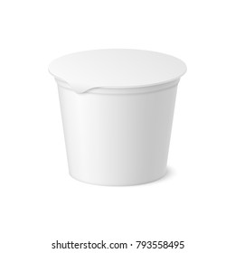 Vector realistic yogurt, ice cream or sour creme package on white backgrounnd. 3D mock up of container with lid isolated. Template for your design. Side view. Diminishing perspective