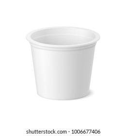 Vector realistic yogurt (yoghurt), ice cream or sour creme package on white backgrounnd. 3D illustration. Mock up of plastic container isolated. Template for your design. Side view.