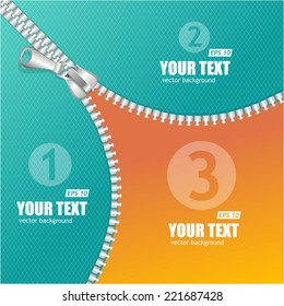 Vector realistic zippers banner 1 2 3 concept. Background and text