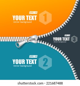 Vector realistic zippers banner 1 2 3 concept. Background and text