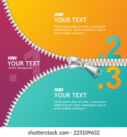 Vector realistic zippers banner 1 2 3 concept. Background and text