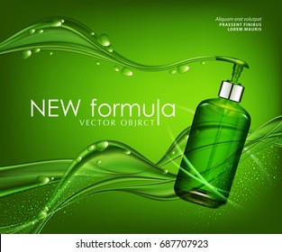 Vector realistic,green,transparent bottle 3d. Soap pump on background green bubbles, drops,abstract waves.Cosmetic vial wish shampoo,gel. Elements,template for cosmetic business,advertising, promotion