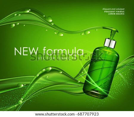 Vector realistic,green,transparent bottle 3d. Soap pump on background green bubbles, drops,abstract waves.Cosmetic vial wish shampoo,gel. Elements,template for cosmetic business,advertising, promotion