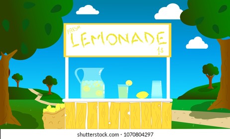 vector realization of a stand, made by children, in the open air for the sale of fresh lemonade during the summer