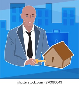 Vector realtor with a key and a small house in the hands.