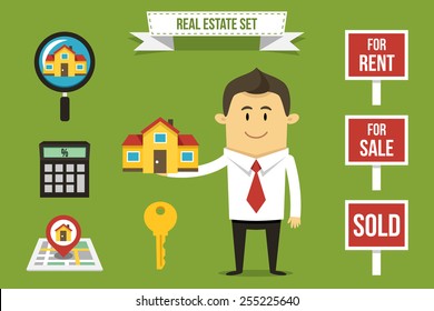 Vector realtor with set of real estate icons. Each object can be placed in his hand.