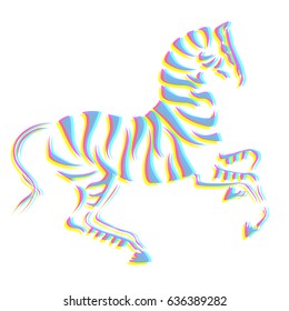 Vector rear up CMYK halftone zebra silhouette with colorful stripes on white background. Stereo effect.