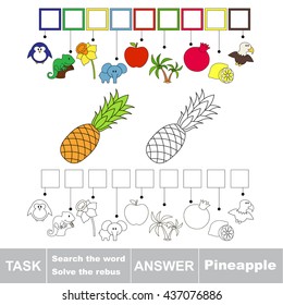 Vector rebus game for children. Easy educational kid game. Simple level of difficulty. Find solution and write the hidden word Ripe Pineapple.