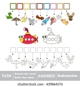 Vector rebus game for children. Easy educational kid game. Simple game level. Find solution and write the hidden word Submarine.