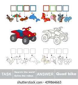 Vector rebus game for children. Easy educational kid game. Simple game level. Find solution and write the hidden word Quad bike.