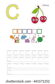Vector rebus game for children. Easy educational kid game. Simple game level. Find solution and write the hidden word Cherry.