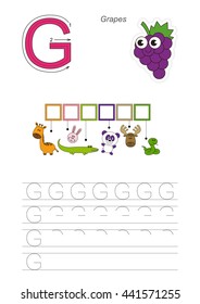 Vector rebus game for children. Easy educational kid game. Simple game level. Find solution and write the hidden word Grapes.