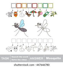 Vector rebus game for children. Easy educational kid game. Simple game level. Find solution and write the hidden word Mosquito