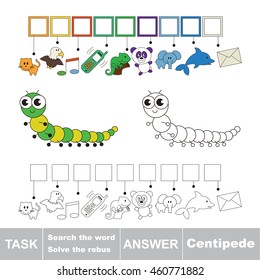 Vector rebus game for children. Easy educational kid game. Simple game level. Find solution and write the hidden word Centipede.