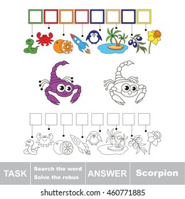 Vector rebus game for children. Easy educational kid game. Simple game level. Find solution and write the hidden word Scorpion.